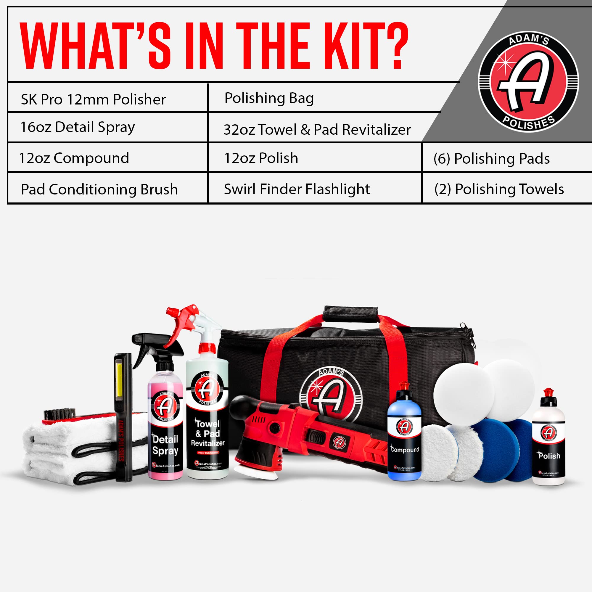 Adam's 12mm SK Pro Car Polisher Kit (16 Item) - Professional Buffer Polisher for Car Detailing & Scratch Repair - Includes Microfiber Towels, Polish, Compound, Pads, Tools, Carry Tote, & More - Image 2
