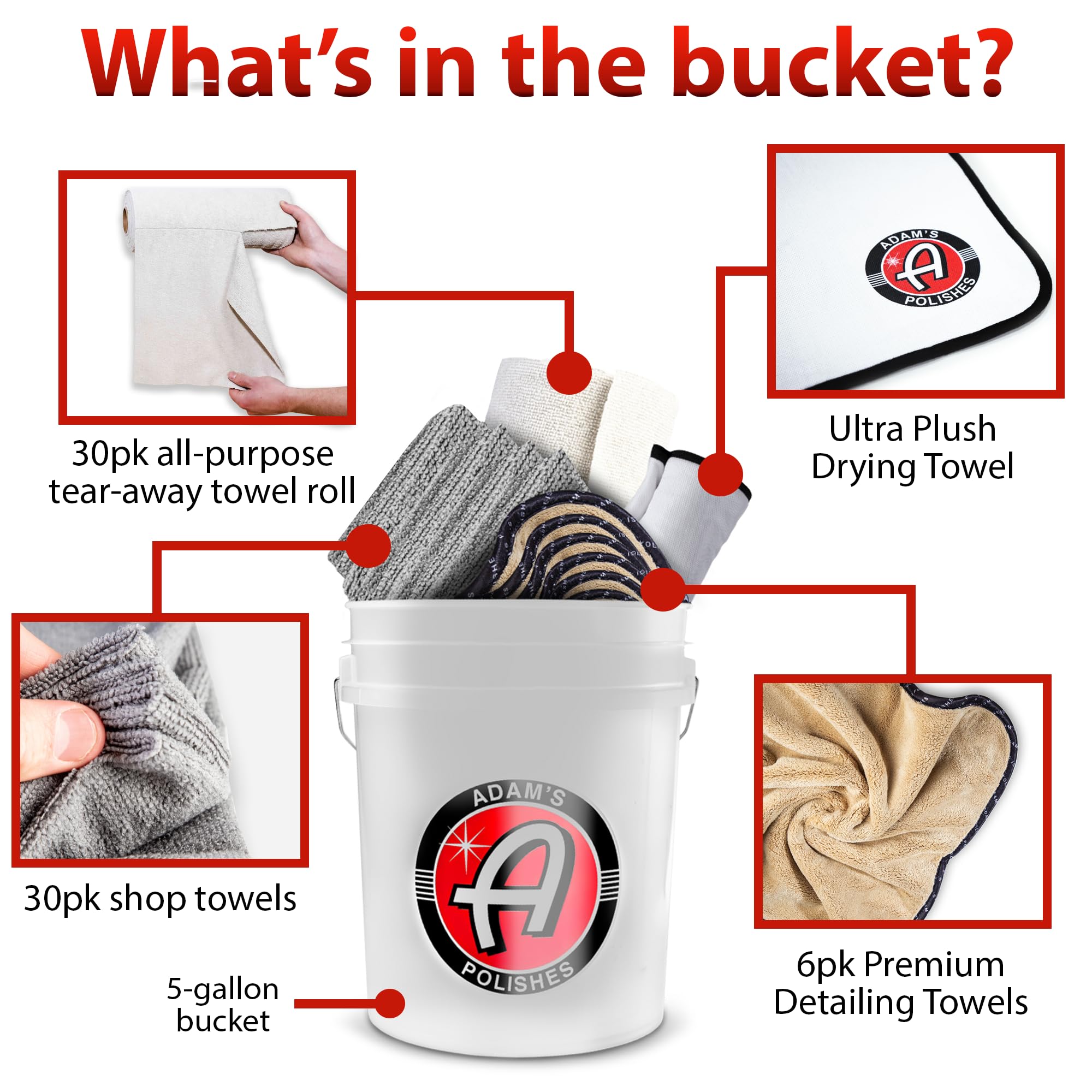 Adam's 5 Gallon Bucket-O-Towels (67pk) - Premium Microfiber Car Detailing Towels for Washing, Drying, Polishing, Car Wax, Ceramic Coating, Shop & Home Cleaning - Image 2