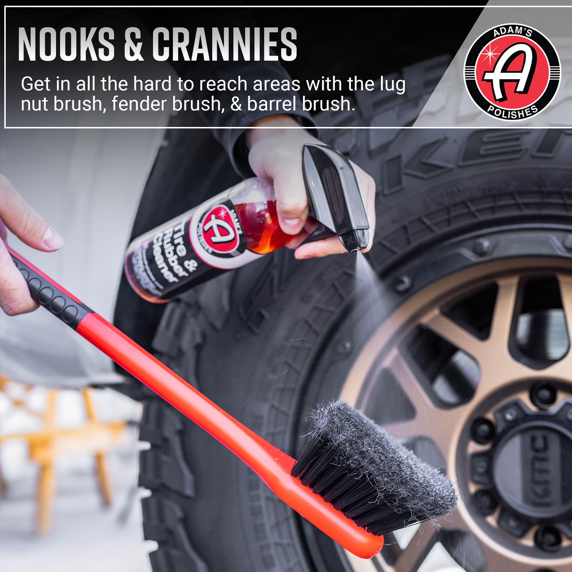 Adam's Complete Wheel & Tire Brush Kit (5-Item) - Includes Wheel Brush, Tire Brush, Barrel Brush, Lug Nut Brush & Fender Brush for Complete Wheel & Tire Auto Detailing - Image 4