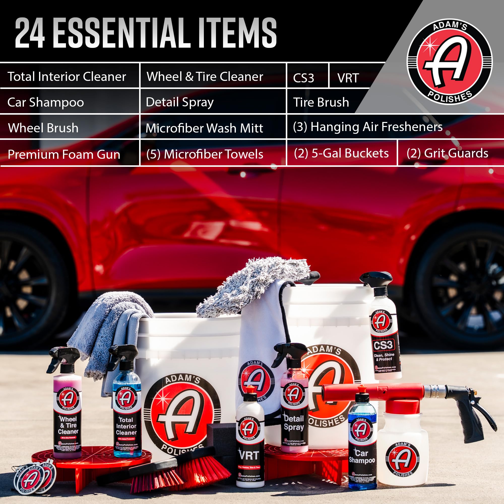 Adam's Essential Car Wash Kit (24-Item) - Auto Detailing Car Care Cleaning Kit with Foam Gun & Bucket Car & Truck Lovers, Dads, Moms and DIYers - Image 2
