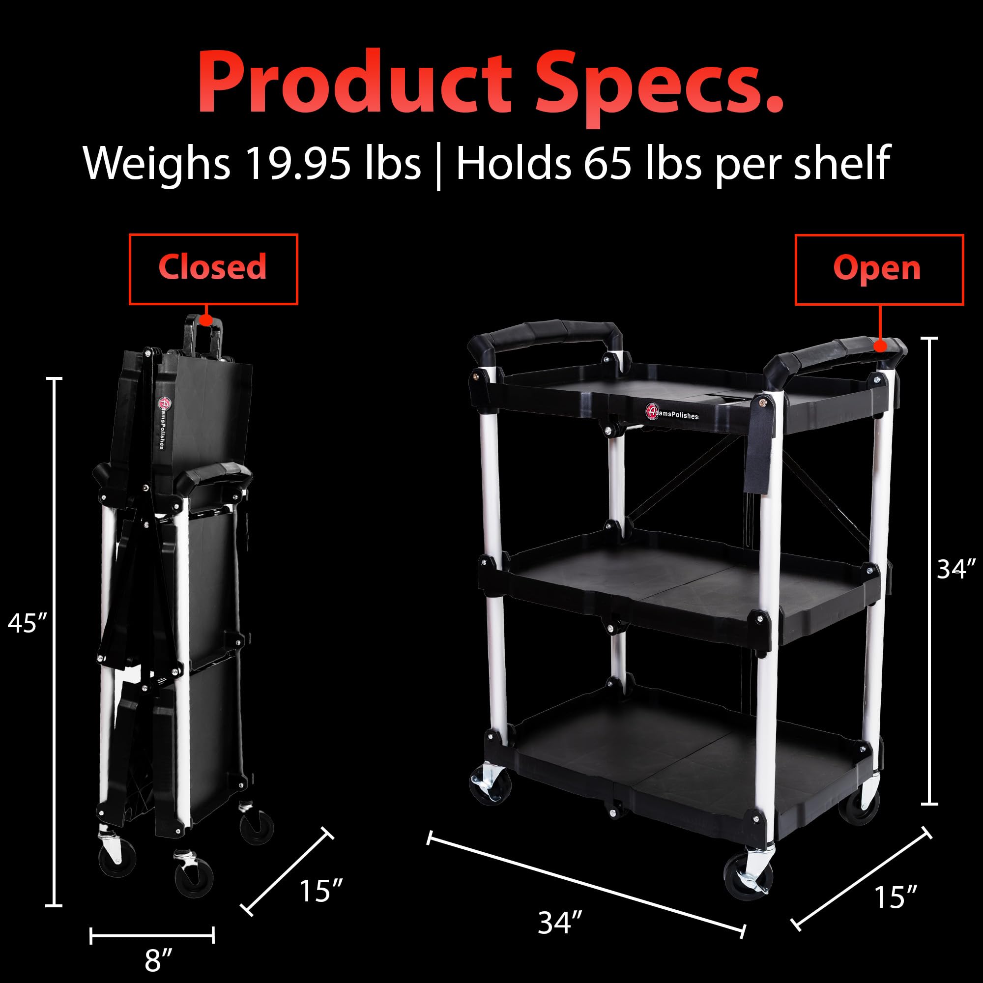 Adam's Polishes Foldable Detailing Cart - Collapsible Storage Utility Rolling Service Cart for Tools, Auto, Home, Garage, Car, Boat, Truck, RV, and More - Image 2