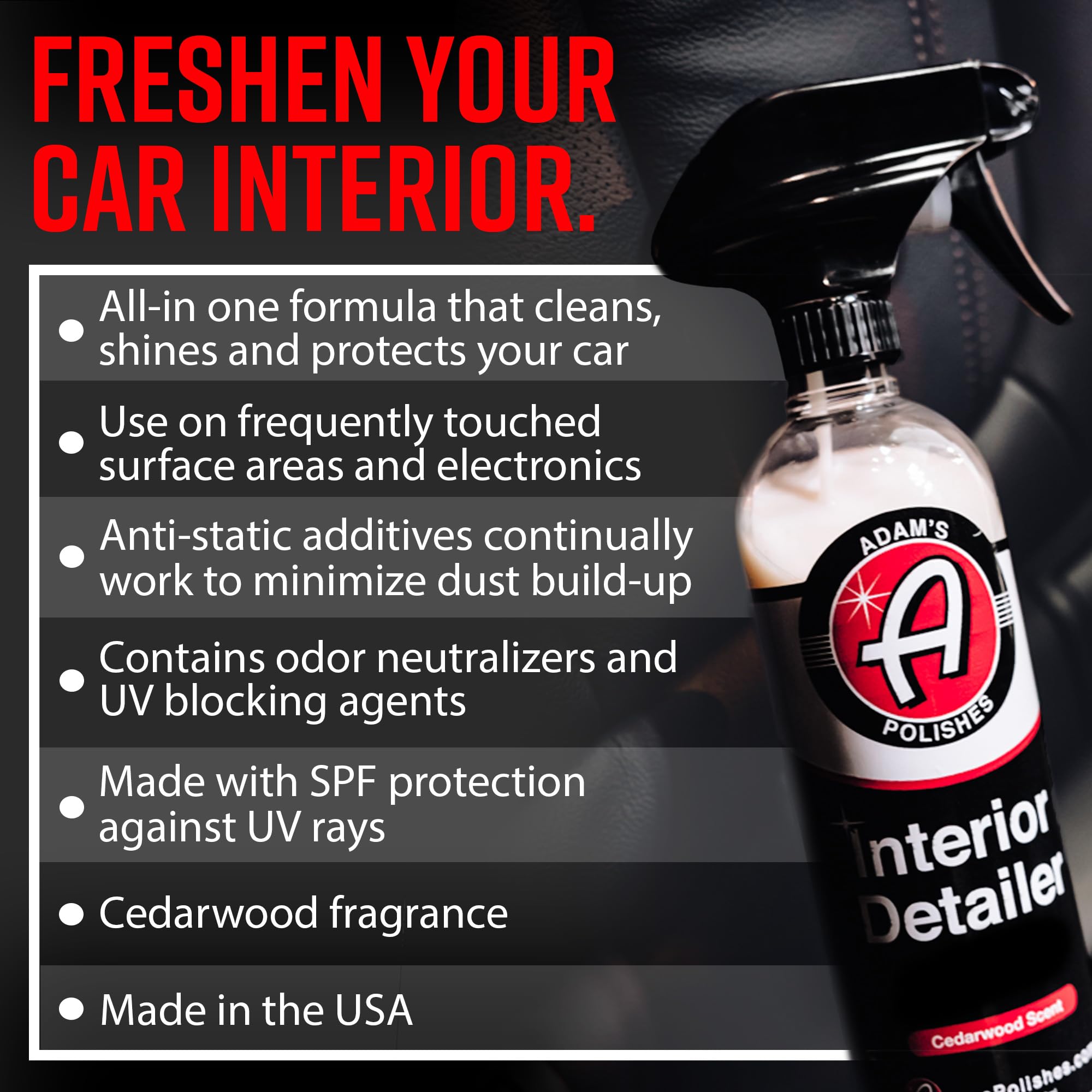 Adam's Polishes Interior Detailer 16 fl. oz (Cedarwood) - Total Car Interior Cleaner, Protectant & Dressing | All Purpose Cleaner & Leather Conditioner | Vinyl, Dashboard, Screen, Seat Cleaner & More - Image 2