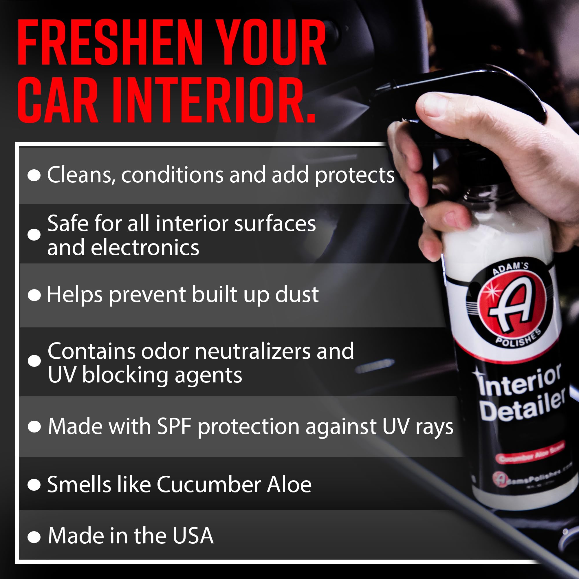 Adam's Polishes Interior Detailer 16 fl. oz (Cucumber Aloe) - Total Car Interior Cleaner, Protectant & Dressing | All Purpose Cleaner & Leather Conditioner | Vinyl, Dashboard, Screen, Seat Cleaner - Image 2