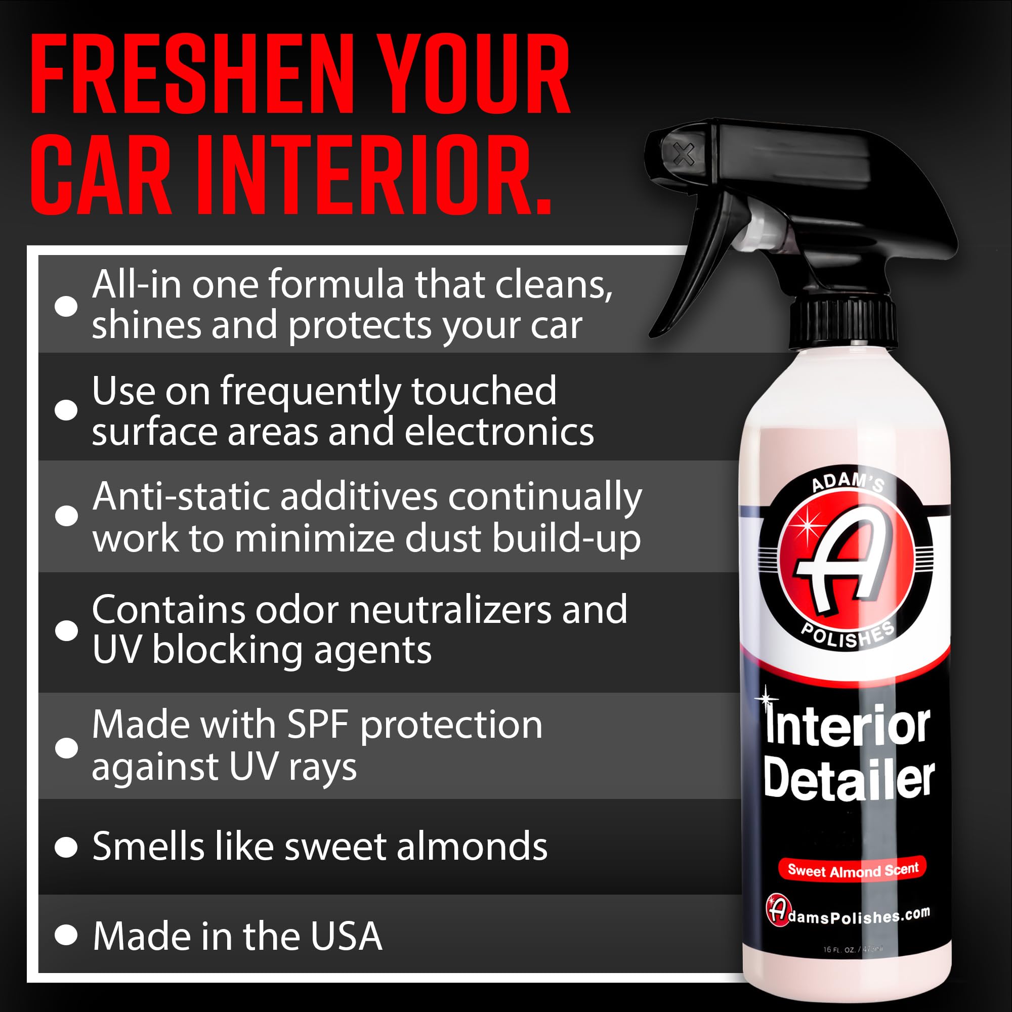 Adam's Polishes Interior Detailer 16 fl. oz (Sweet Almond) - Total Car Interior Cleaner, Protectant & Dressing | All Purpose Cleaner & Leather Conditioner | Vinyl, Dashboard, Screen, Seat Cleaner - Image 2