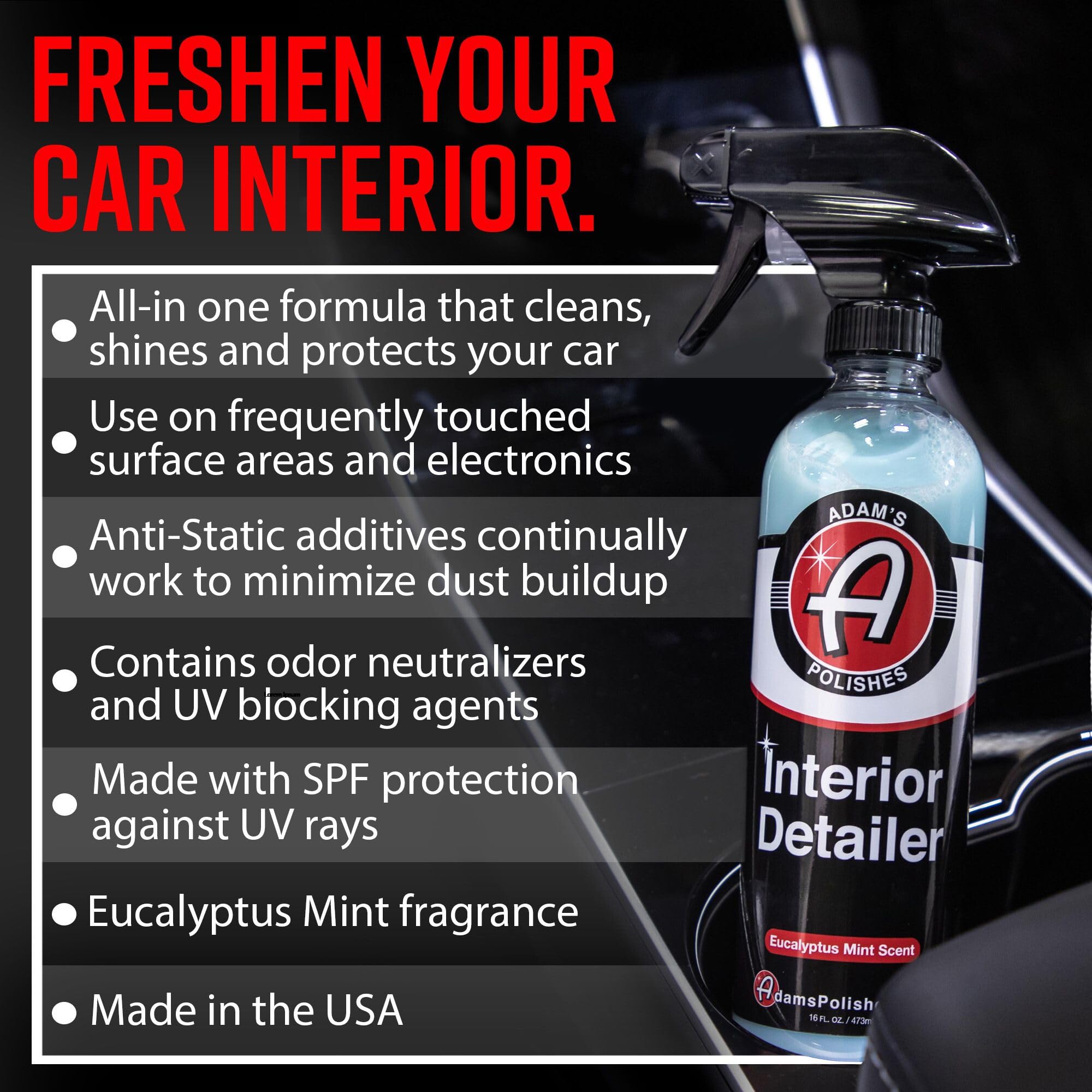 Adam's Polishes Interior Detailer 16oz - Total Car Interior Cleaner, Protectant & Dressing, All Purpose Cleaner & Leather Conditioner, Vinyl, Dashboard, Screen, Seat Cleaner & More - Image 2