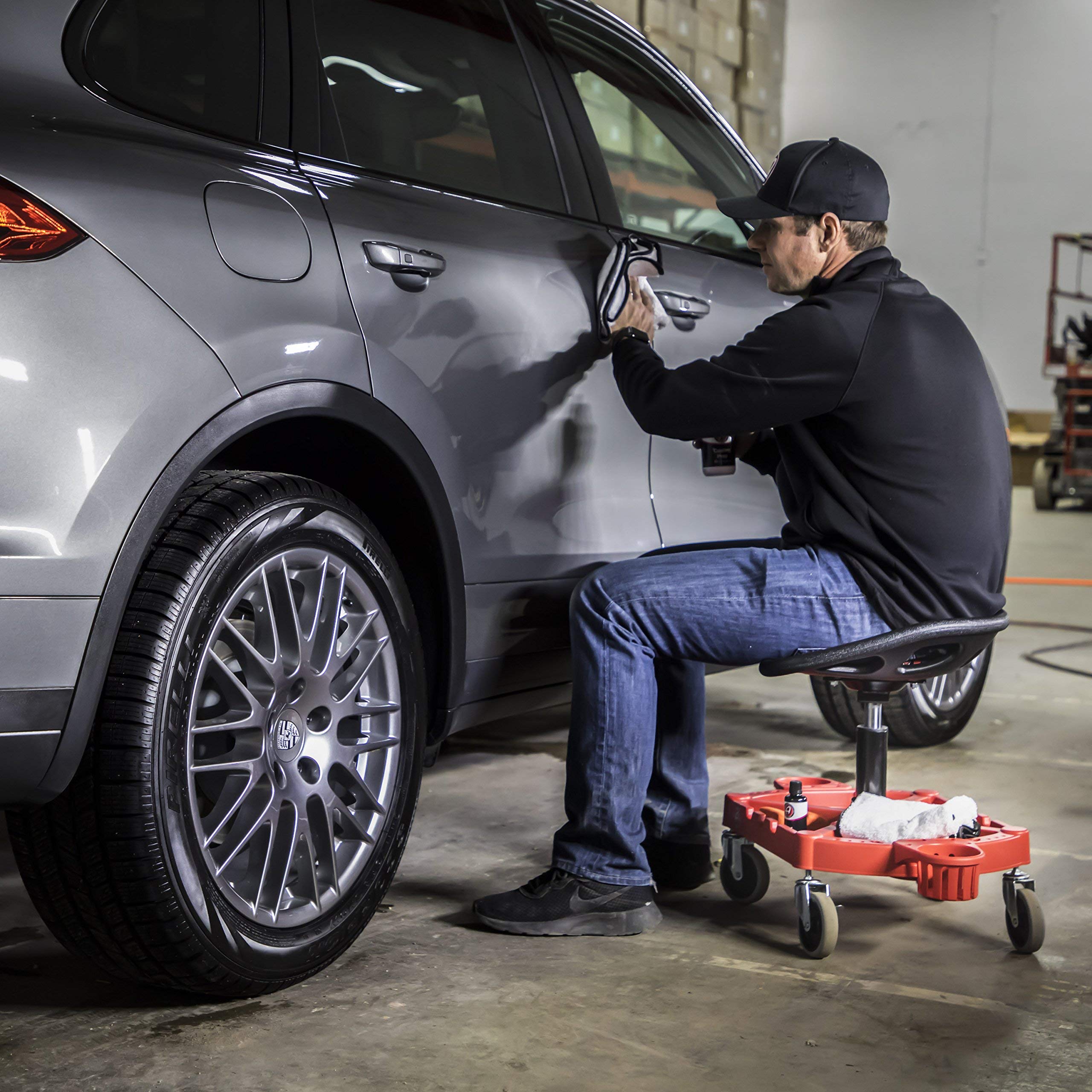 Adam's Polishes Pro Rolling Stool, Car Detailing Stool Chair, Shop Stool with Wheels, Garage Organizer, Tool Organizer Tray, Adjustable Height for Car Cleaning Buffer Polisher Ceramic Coating Car Wax - Image 2