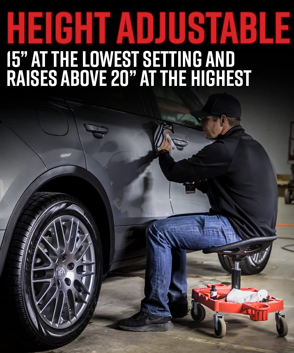 Adam's Polishes Pro Rolling Stool, Car Detailing Stool Chair, Shop Stool with Wheels, Garage Organizer, Tool Organizer Tray, Adjustable Height for Car Cleaning Buffer Polisher Ceramic Coating Car Wax - Image 6