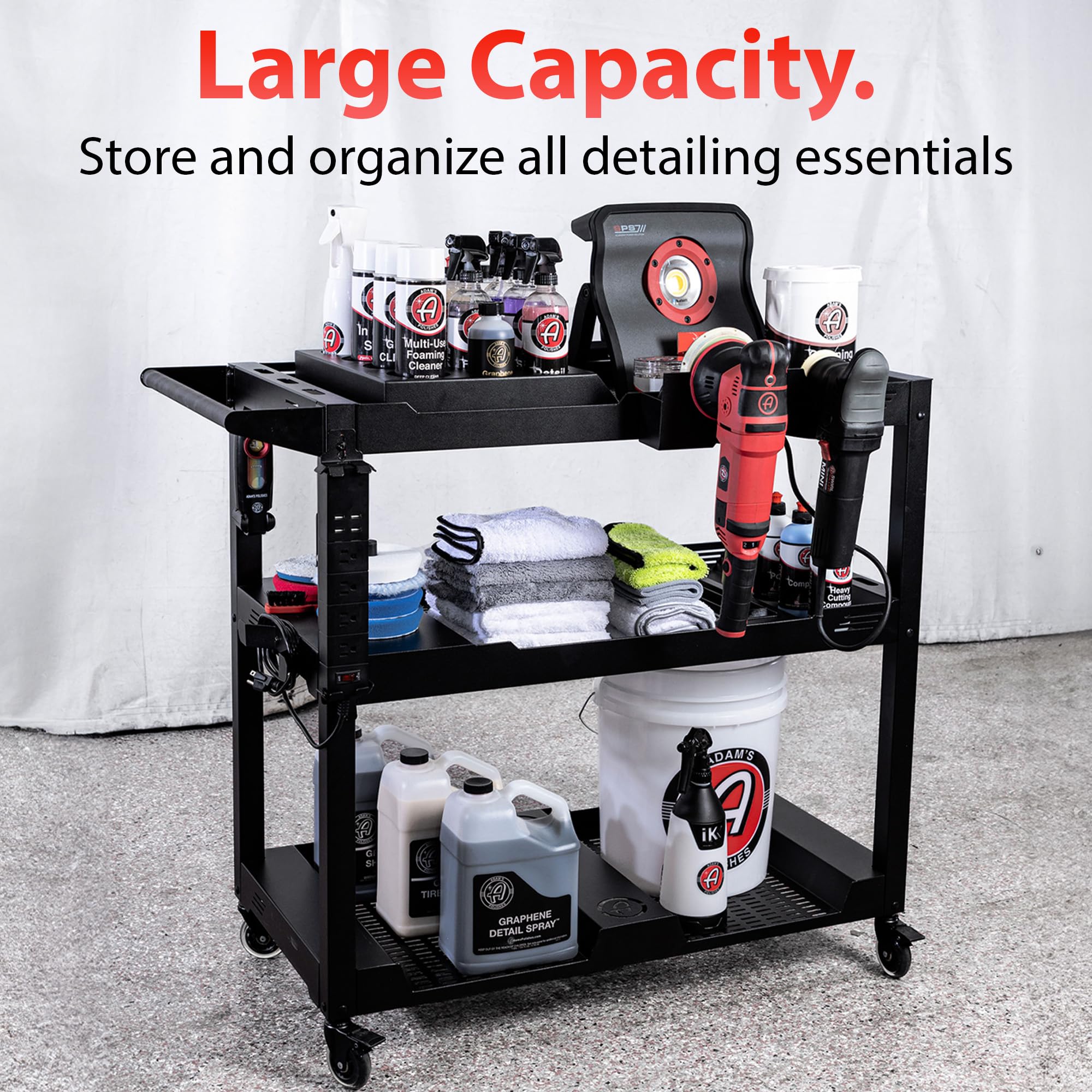 Adam's Polishes Professional Detail Cart Powder Coated Metal Car Detailing Cart for Garage | Storage Space, Rolling Premium Locking Casters, Polisher Holders, Heavy Duty Workshop, Detailers Garage - Image 3