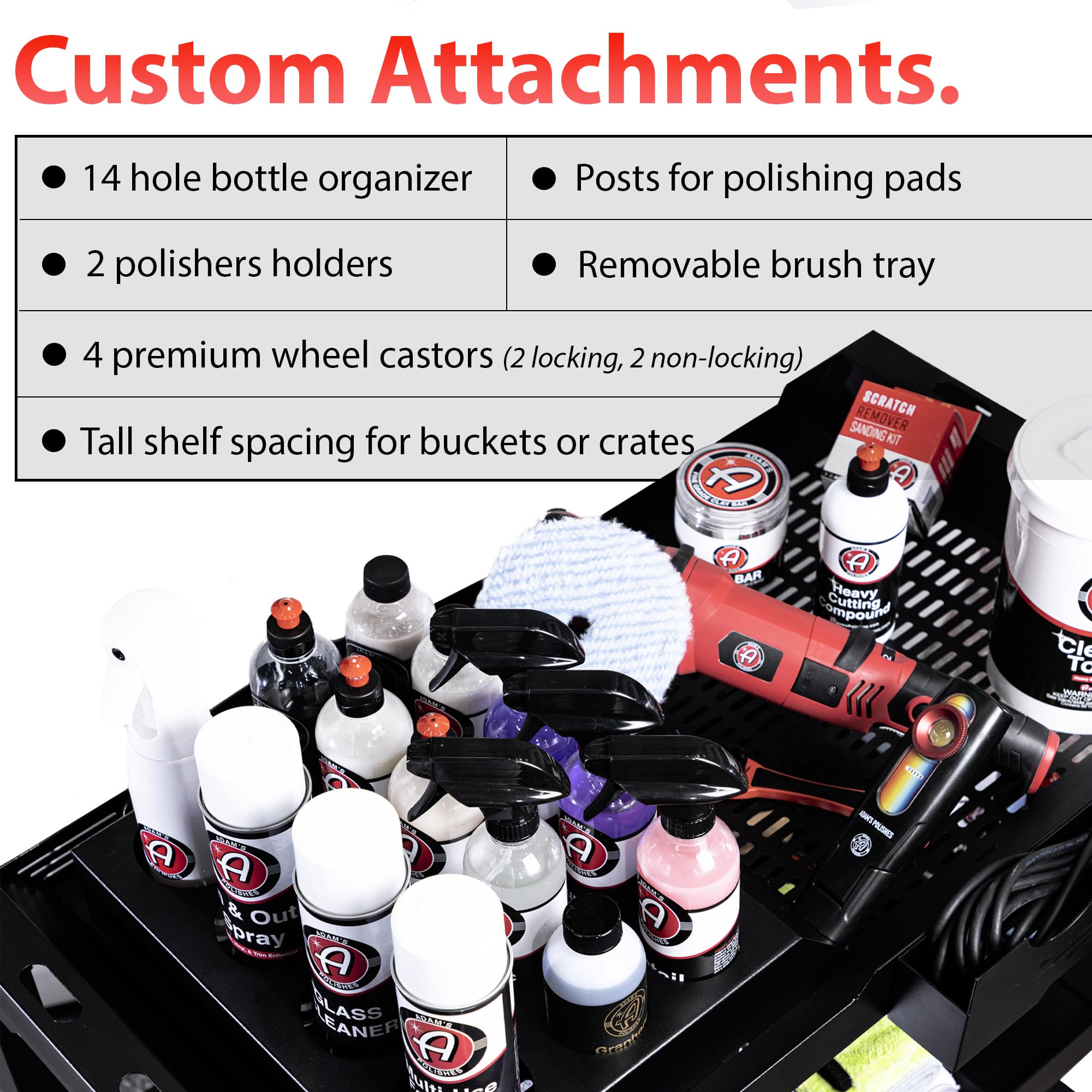 Adam's Polishes Professional Detail Cart Powder Coated Metal Car Detailing Cart for Garage | Storage Space, Rolling Premium Locking Casters, Polisher Holders, Heavy Duty Workshop, Detailers Garage - Image 4
